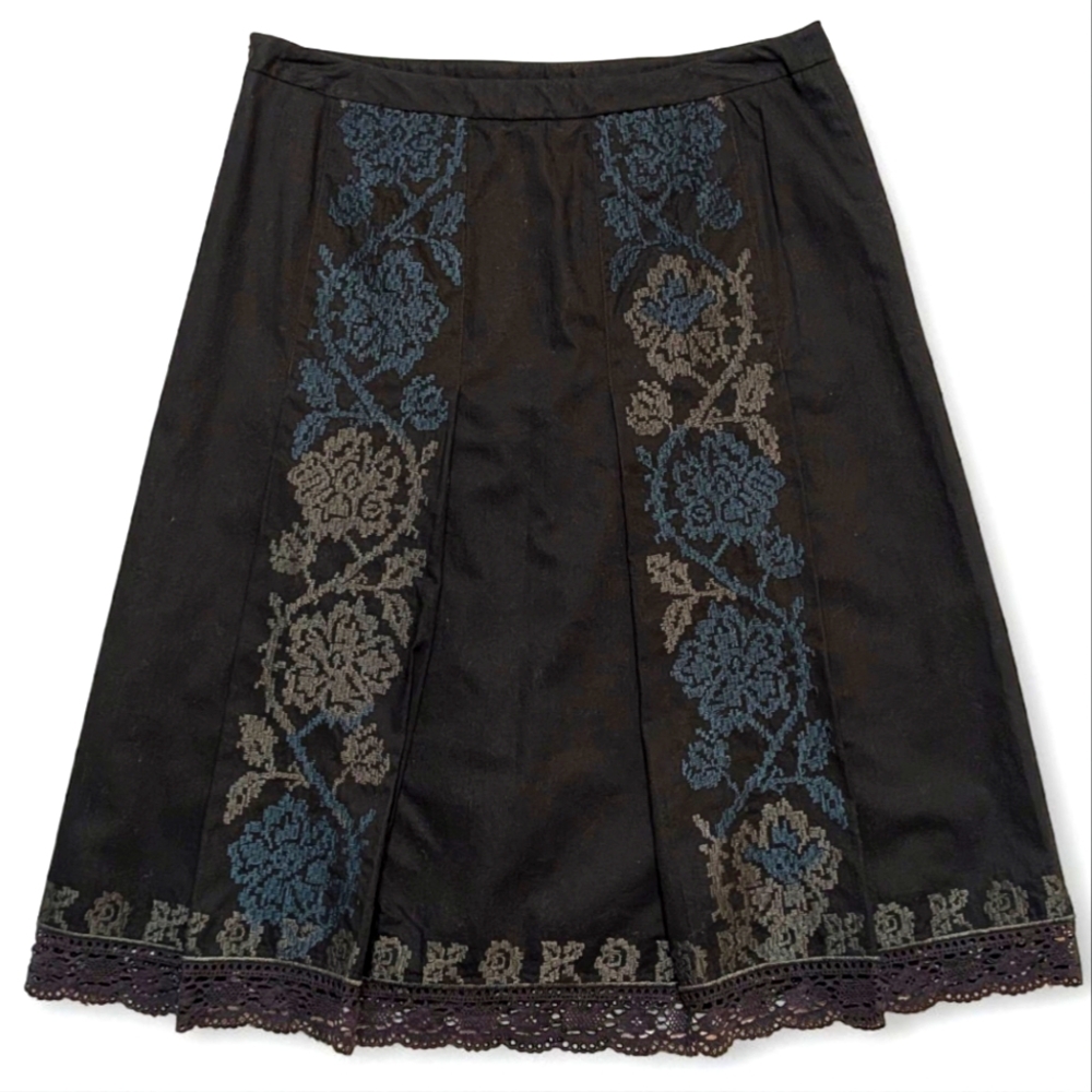 Ann Taylor‎ LOFT Petite Black Embroidered Floral A-Line Skirt Lace Trim Lined